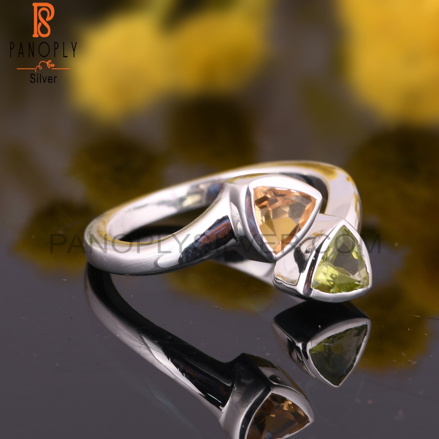 Citrine & Peridot Trillion Shape 925 Sterling Silver Ring
