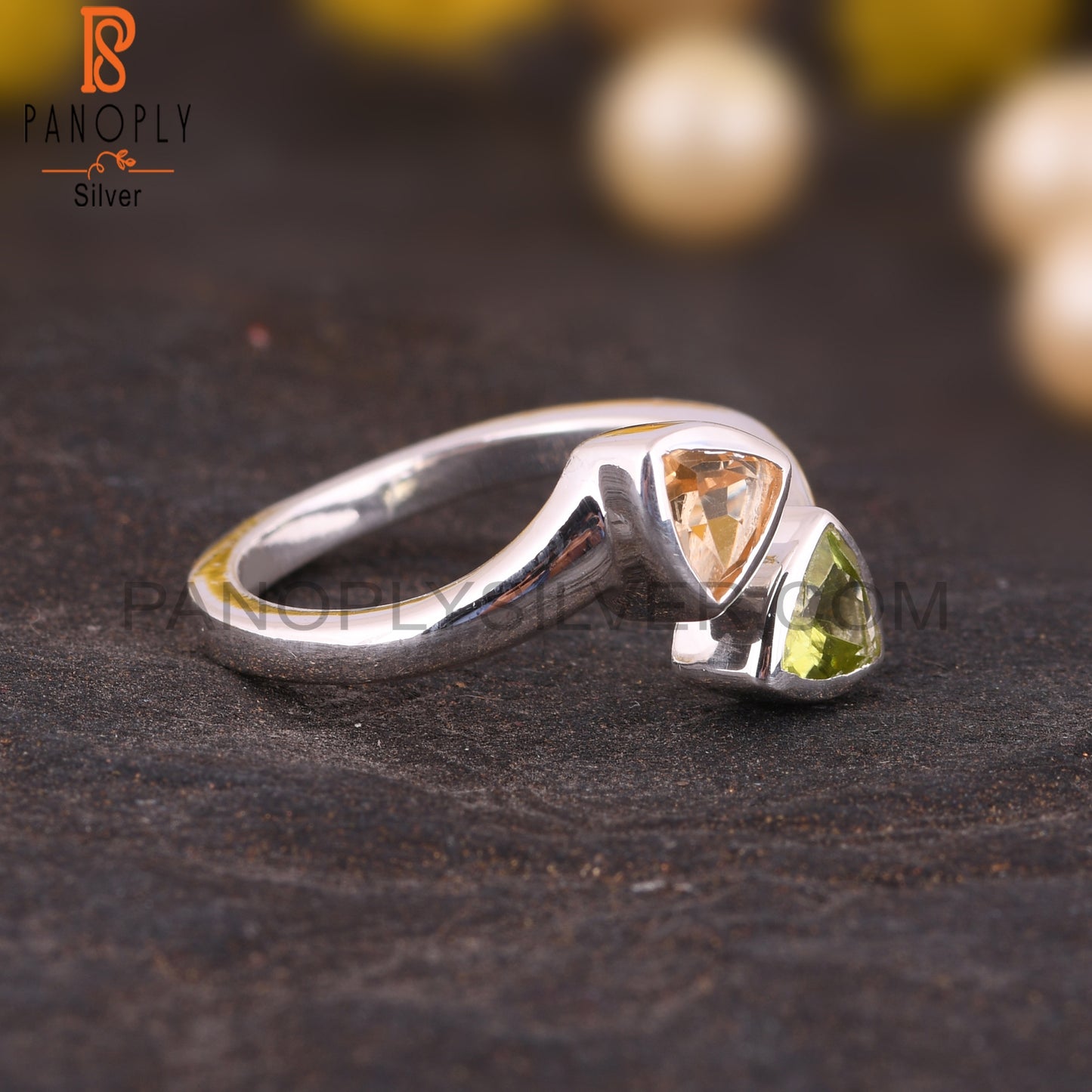 Citrine & Peridot Trillion Shape 925 Sterling Silver Ring