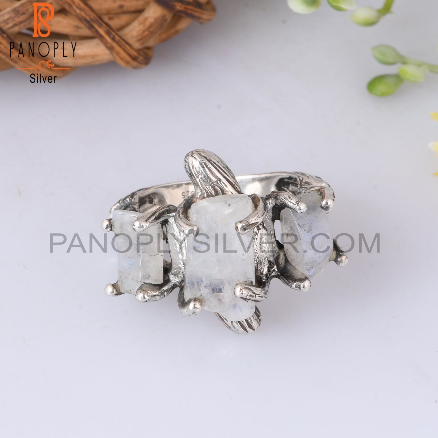 Rainbow Moonstone 925 Sterling Silver Branch 3 Stone Ring