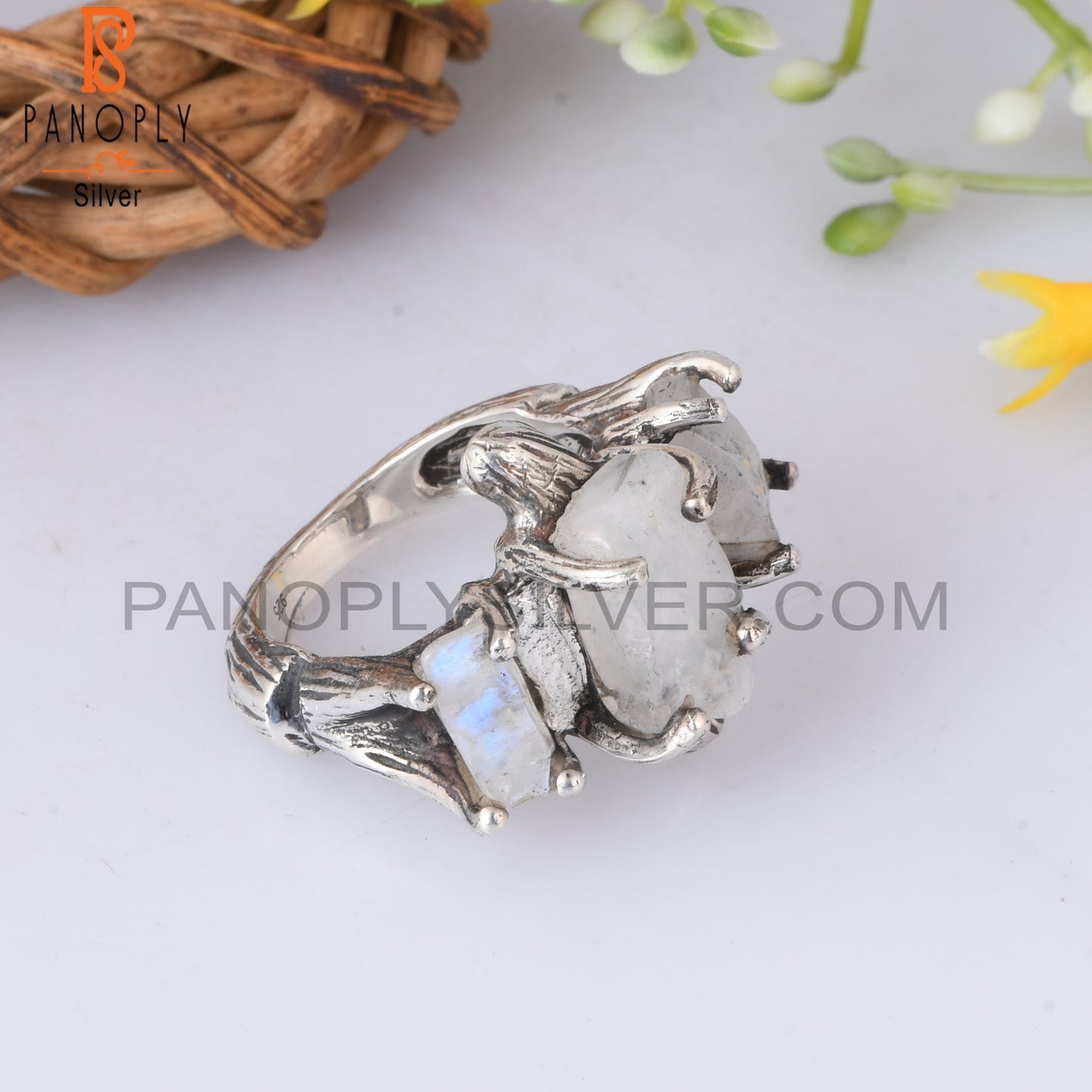 Rainbow Moonstone 925 Sterling Silver Branch 3 Stone Ring