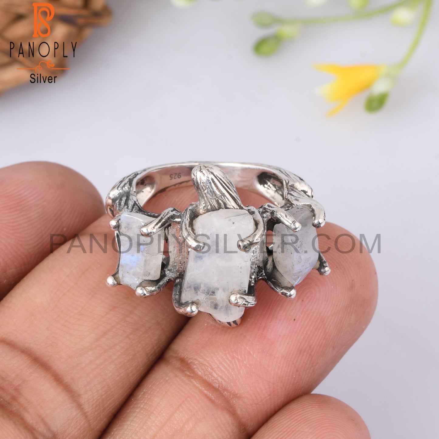 Rainbow Moonstone 925 Sterling Silver Branch 3 Stone Ring