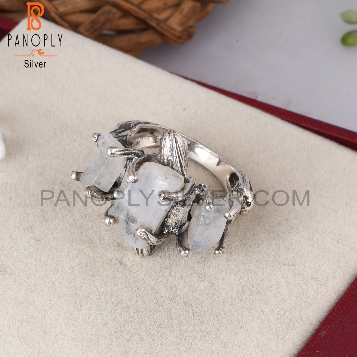 Rainbow Moonstone 925 Sterling Silver Branch 3 Stone Ring