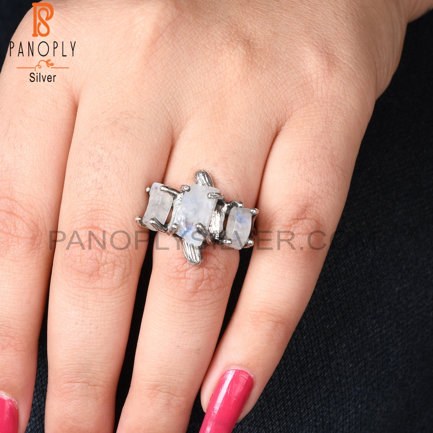 Rainbow Moonstone 925 Sterling Silver Branch 3 Stone Ring
