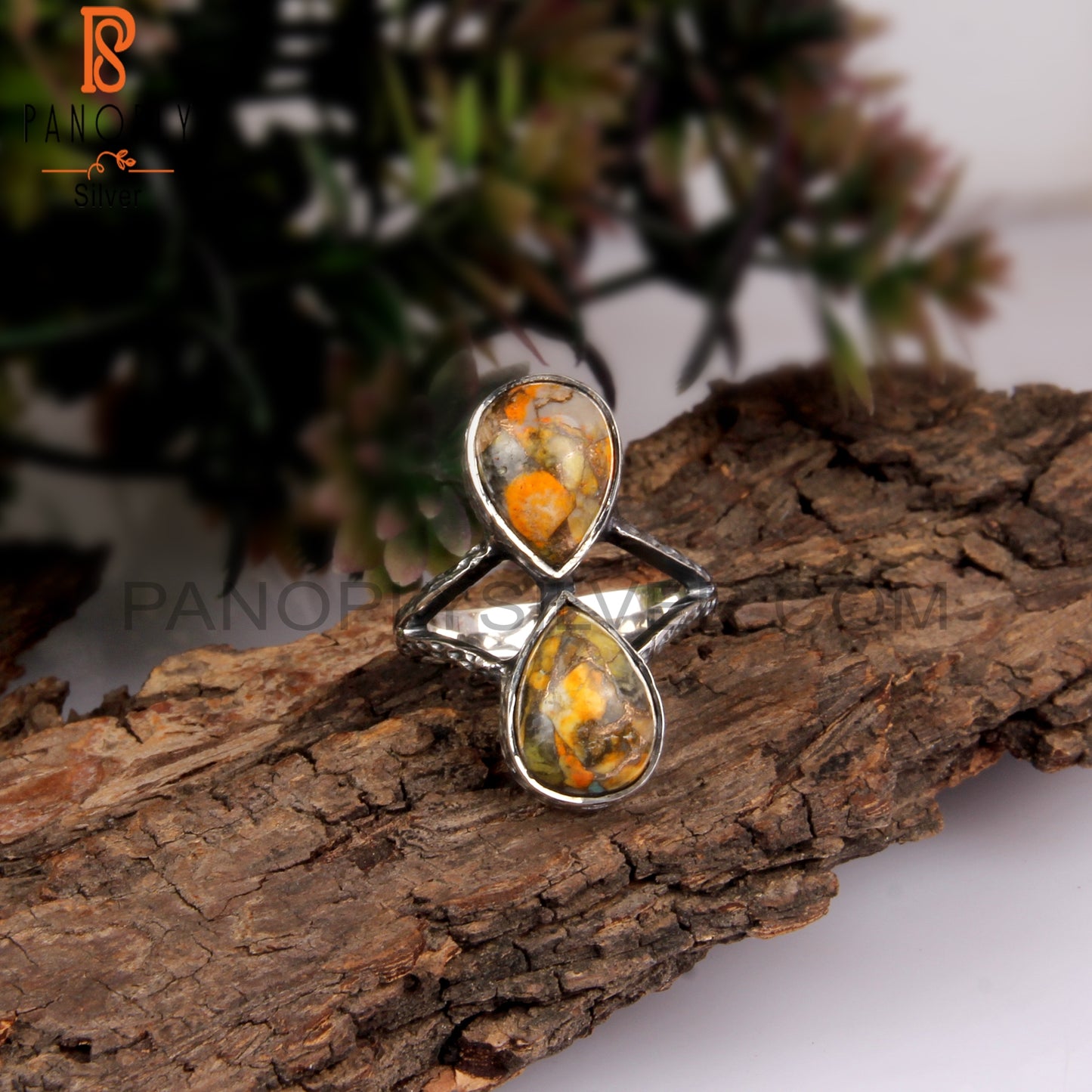 Mojave Copper Bumblebee Turquoise Pear 925 Silver Ring