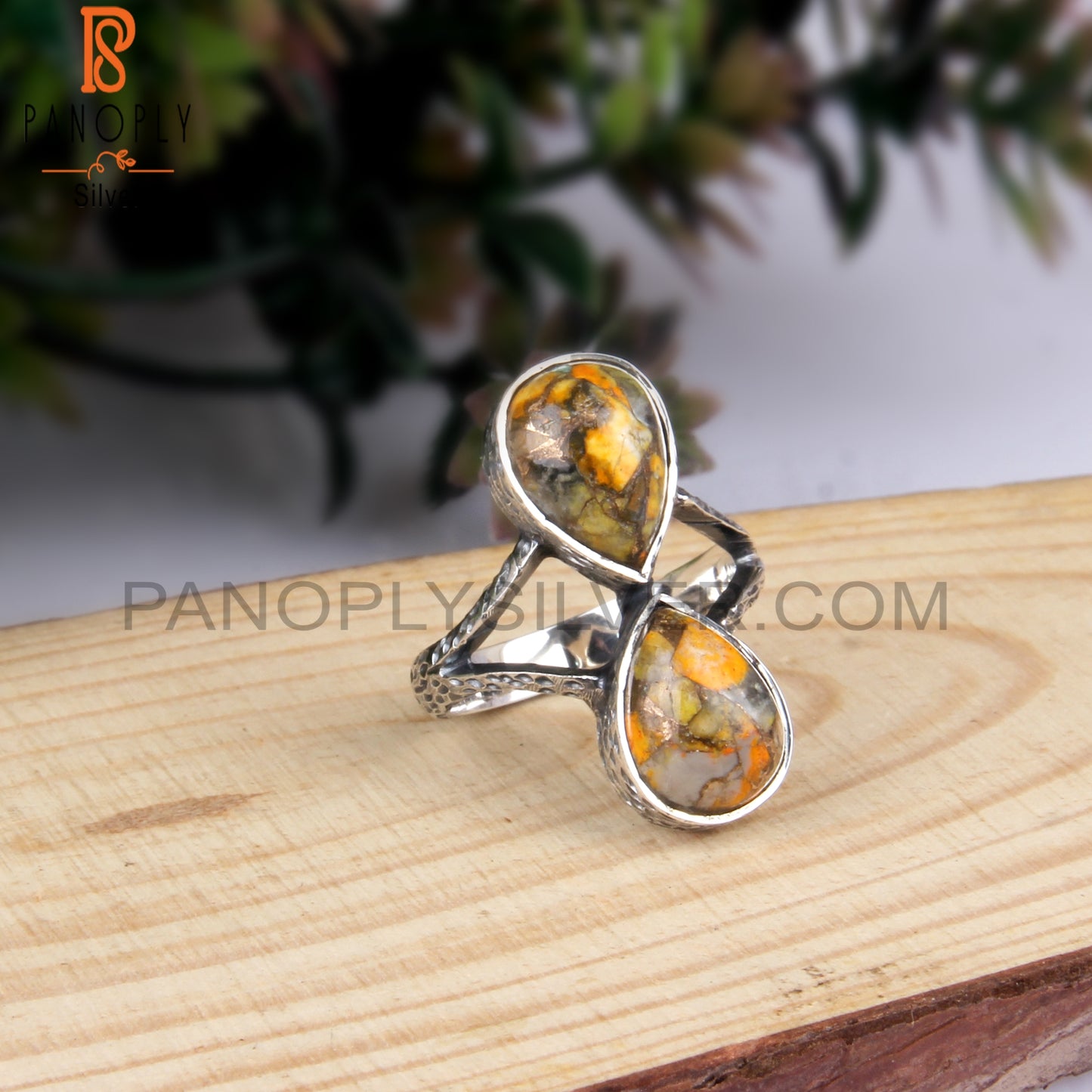 Mojave Copper Bumblebee Turquoise Pear 925 Silver Ring