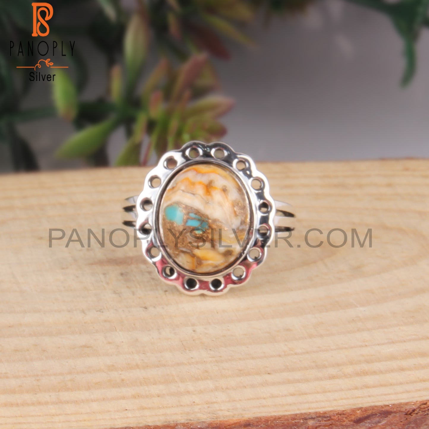 Cabochon Mojave Copper Bumblebee Turquoise Silver Ring
