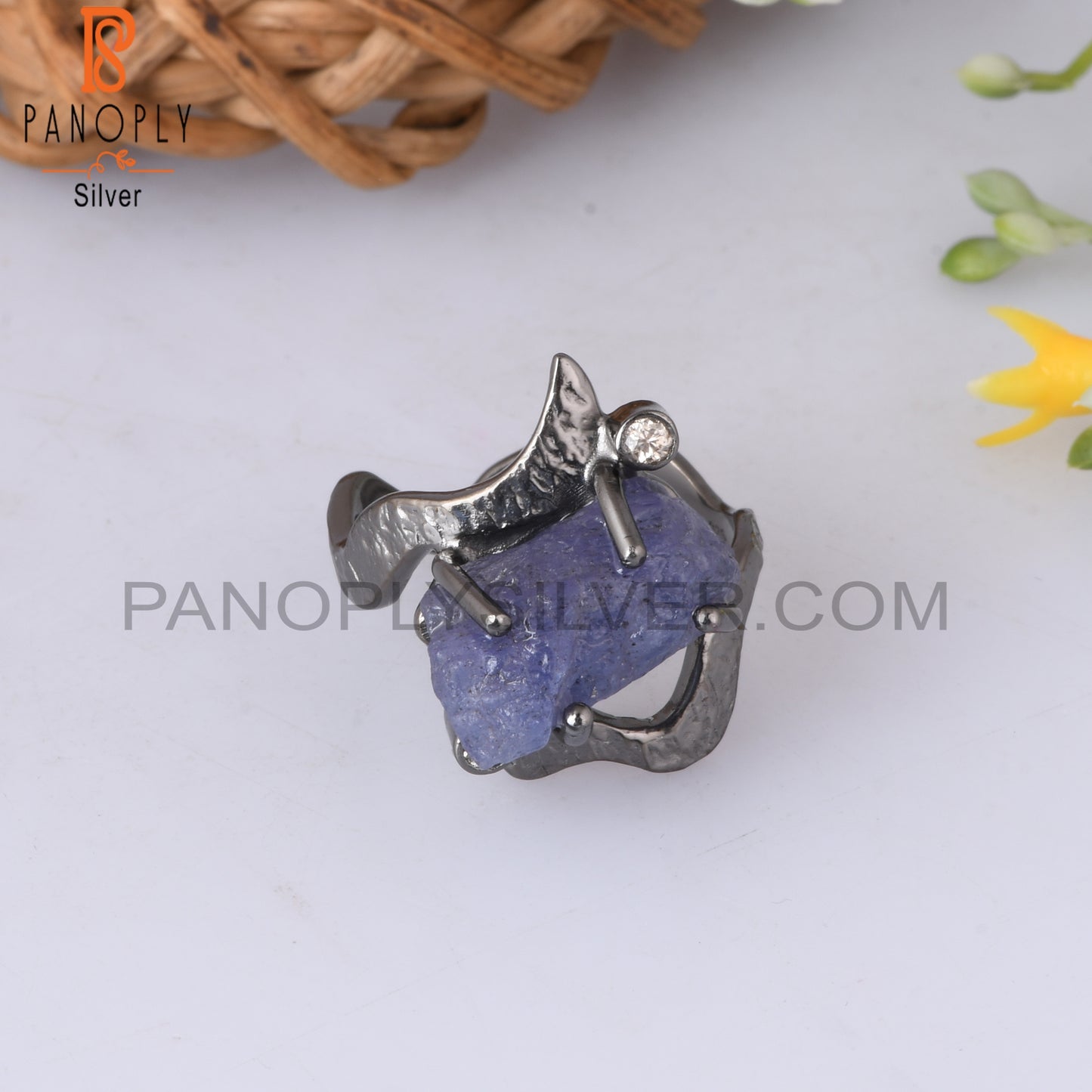 Tanzanite & Diamond 925 Sterling Silver Black Ring
