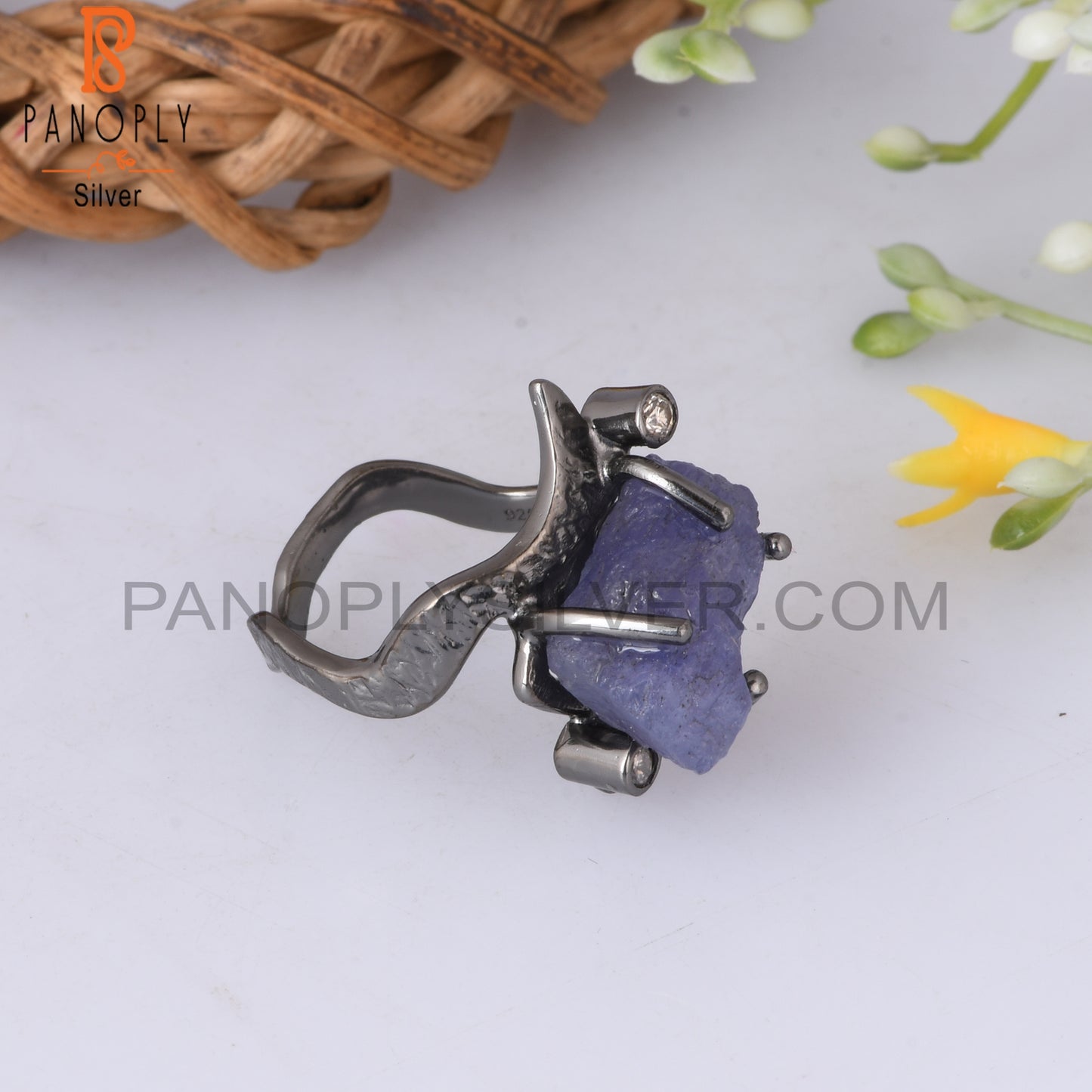 Tanzanite & Diamond 925 Sterling Silver Black Ring