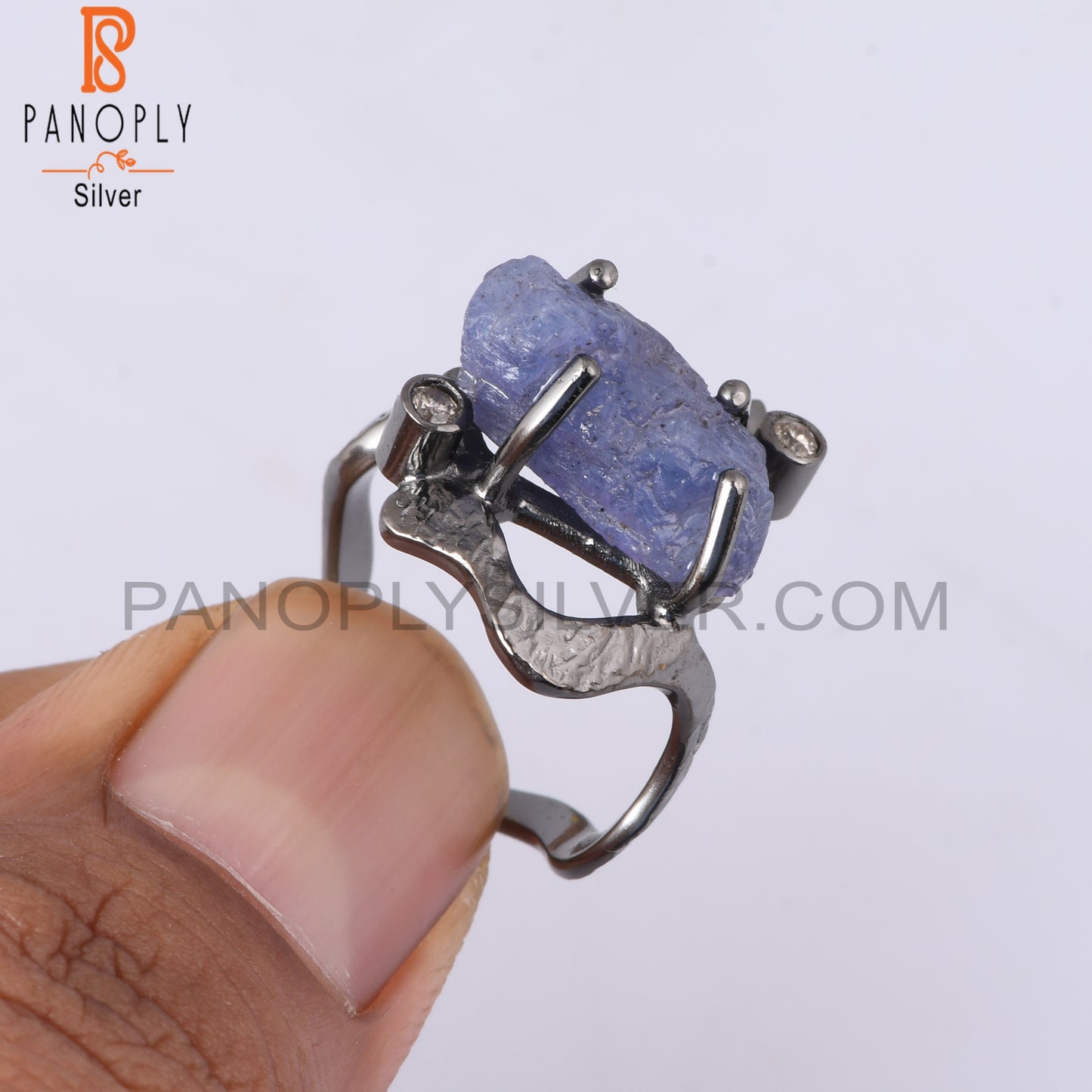 Tanzanite & Diamond 925 Sterling Silver Black Ring