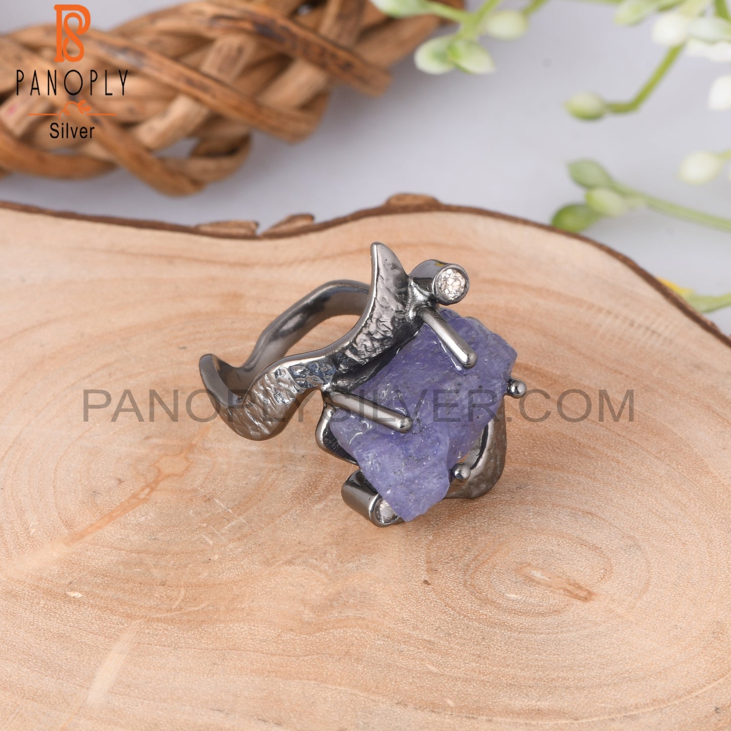 Tanzanite & Diamond 925 Sterling Silver Black Ring