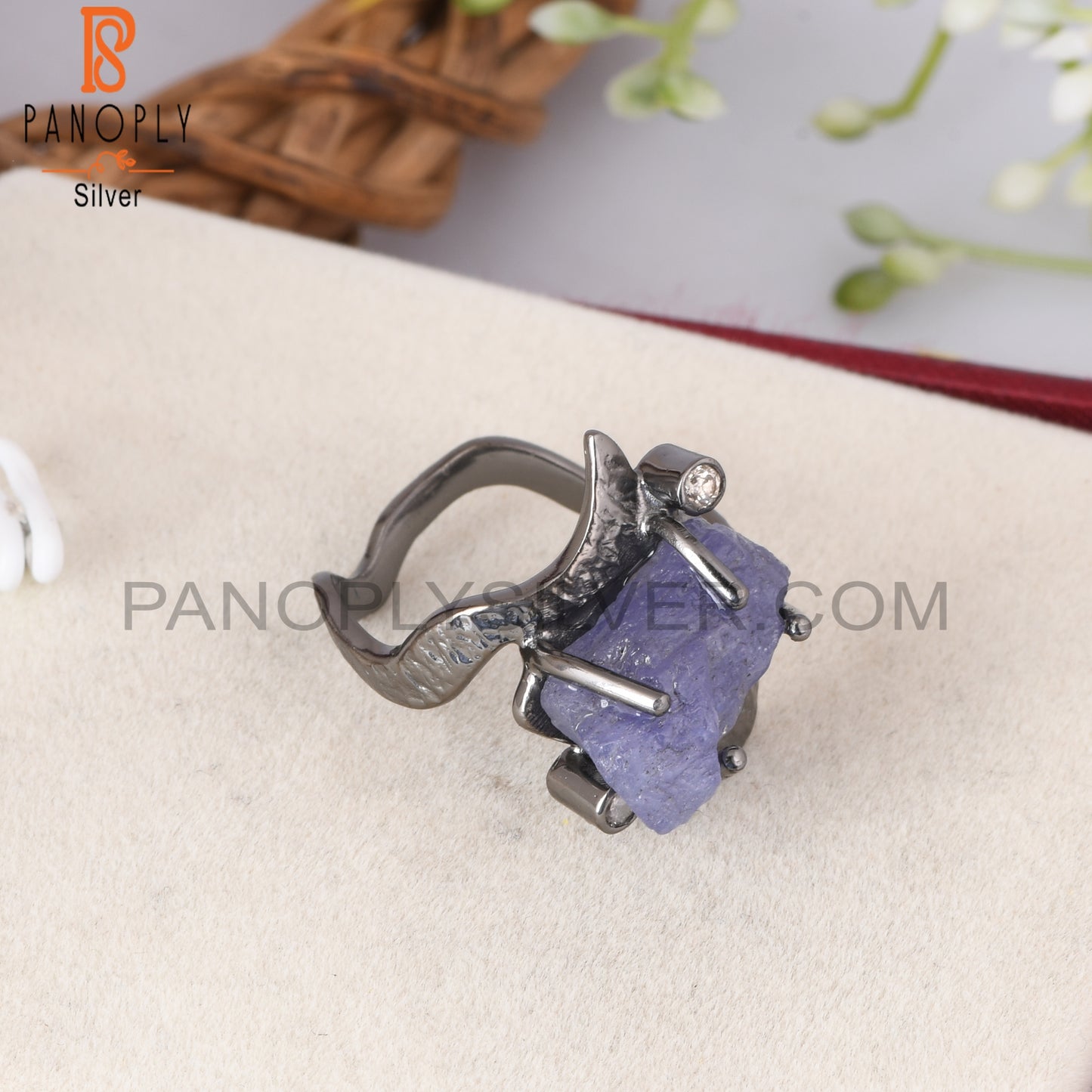 Tanzanite & Diamond 925 Sterling Silver Black Ring
