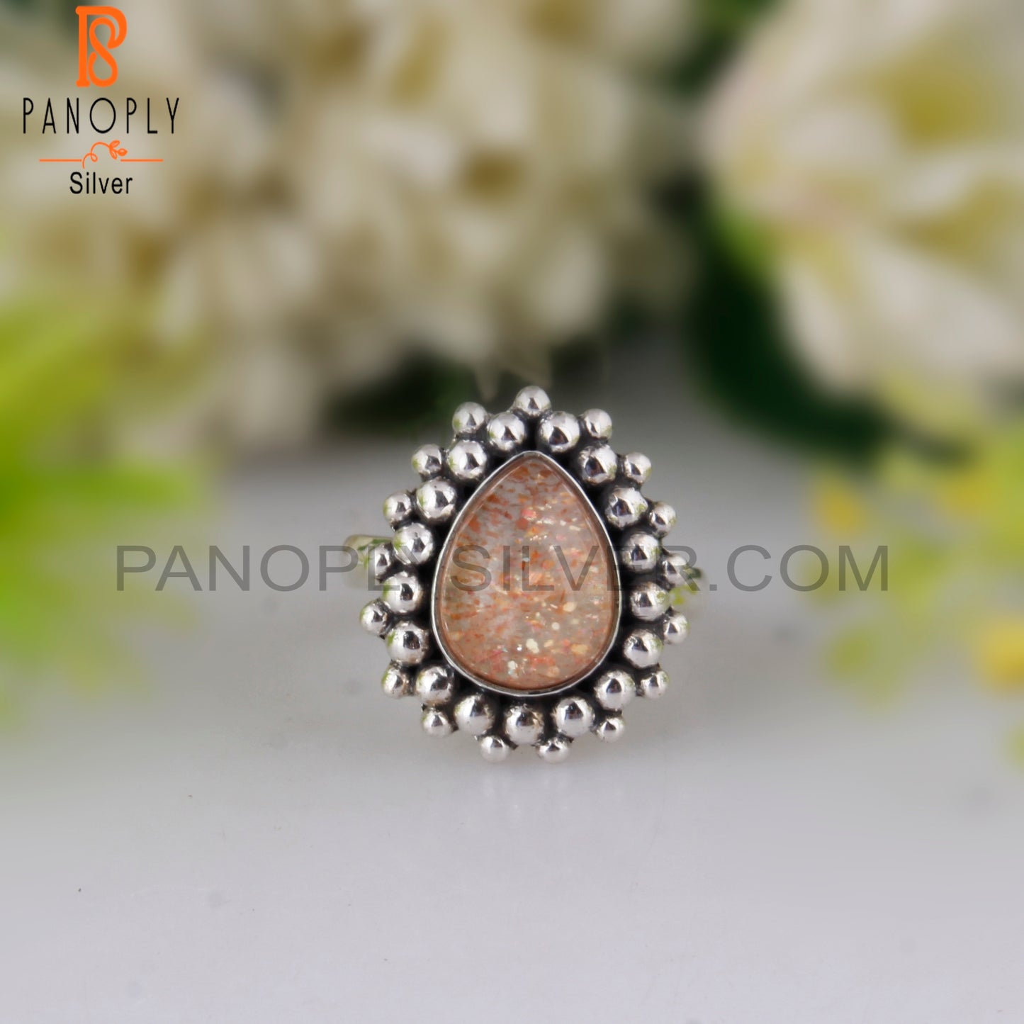 Doublet Sunstone Crystal Pear Shape 925 Sterling Silver Ring