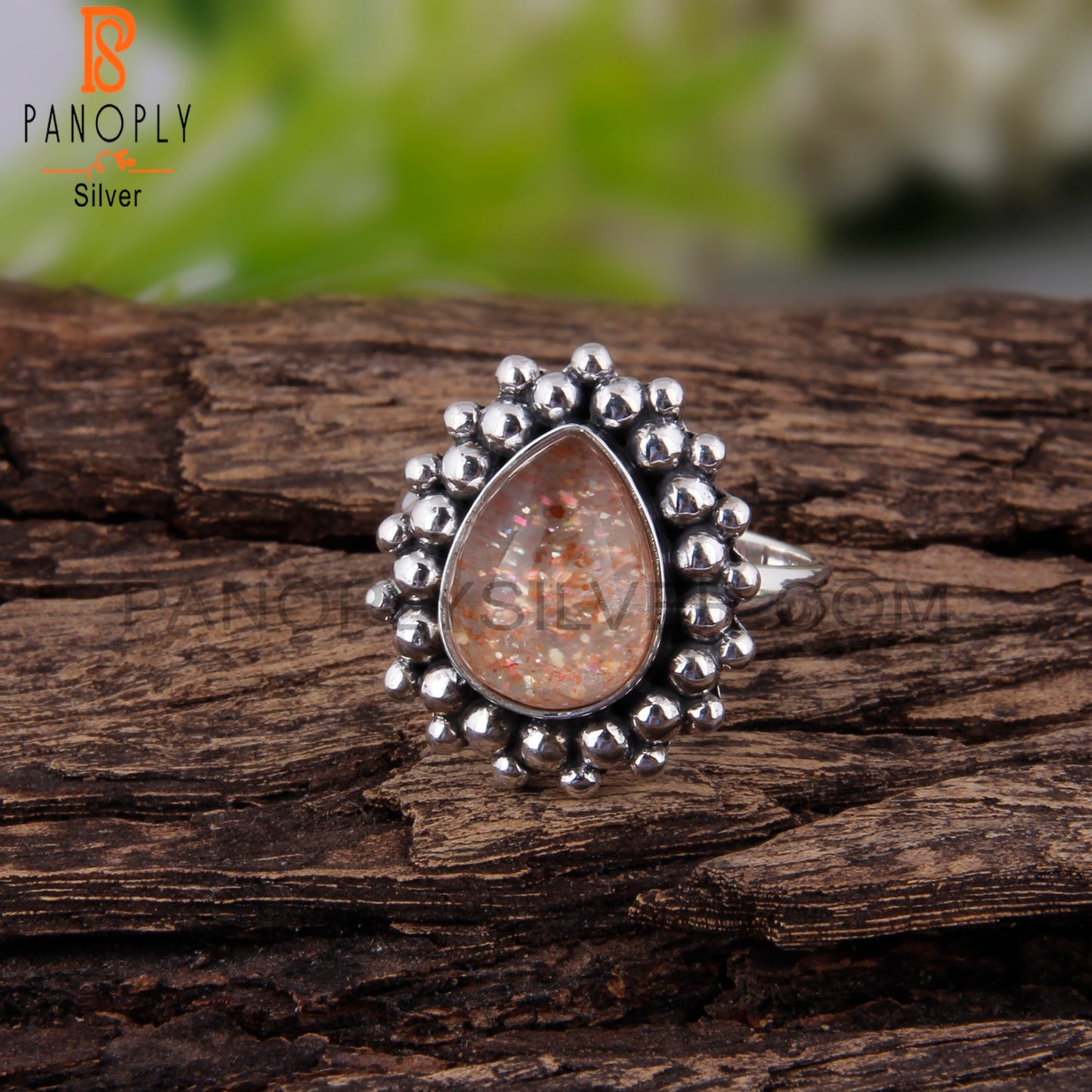 Doublet Sunstone Crystal Pear Shape 925 Sterling Silver Ring