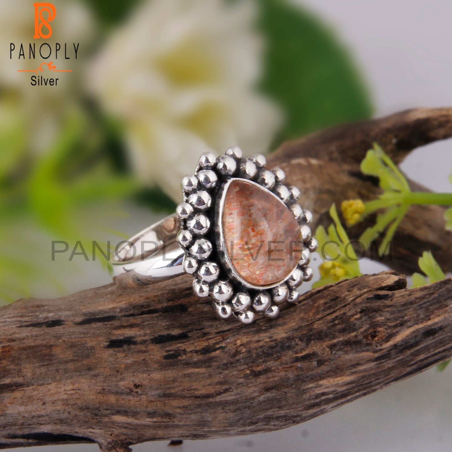 Doublet Sunstone Crystal Pear Shape 925 Sterling Silver Ring
