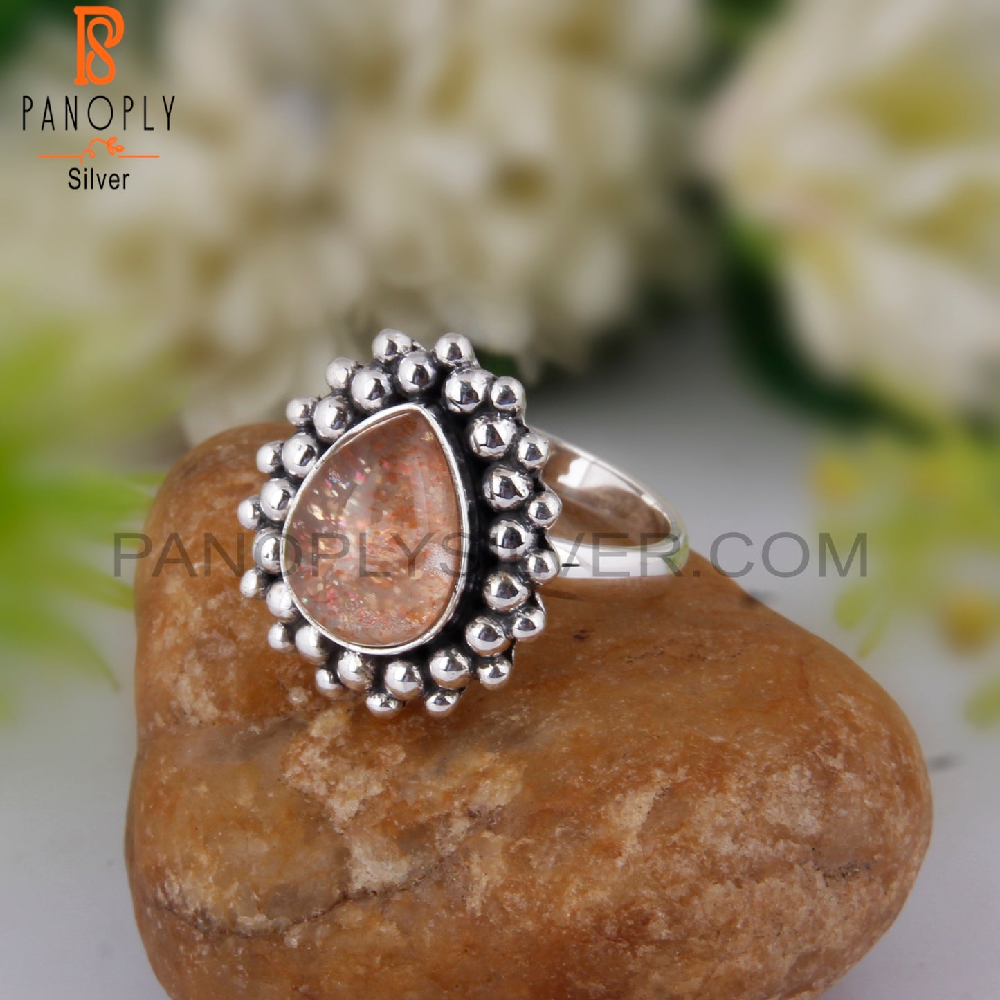 Doublet Sunstone Crystal Pear Shape 925 Sterling Silver Ring