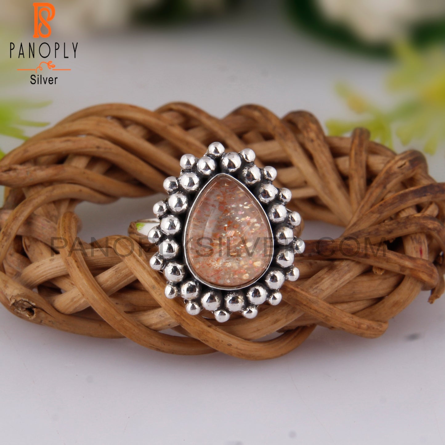 Doublet Sunstone Crystal Pear Shape 925 Sterling Silver Ring