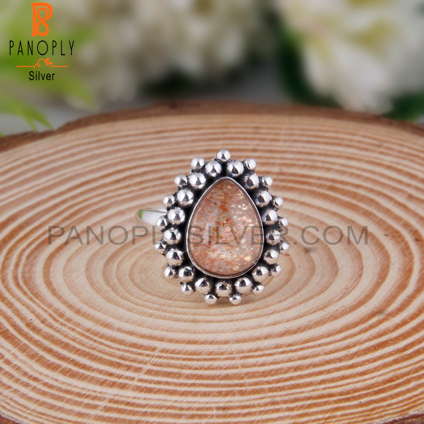 Doublet Sunstone Crystal Pear Shape 925 Sterling Silver Ring