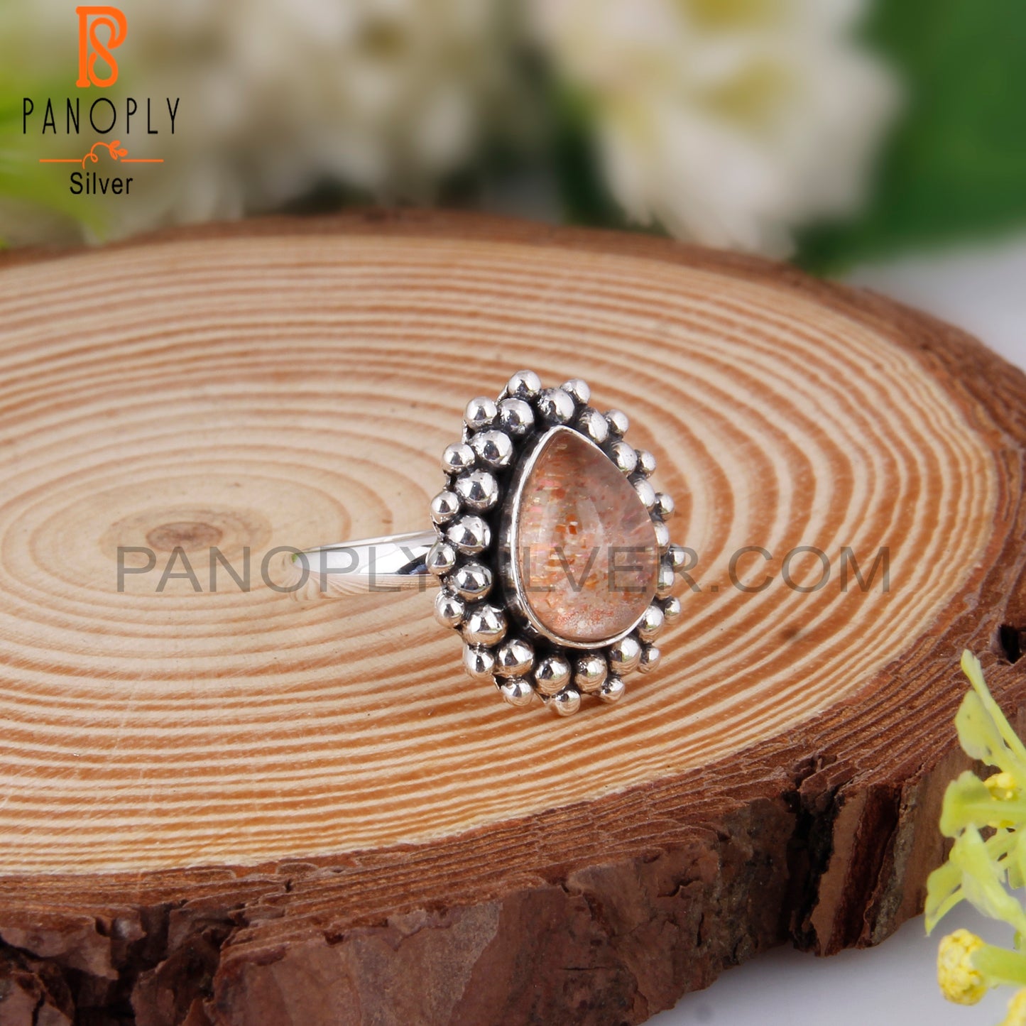 Doublet Sunstone Crystal Pear Shape 925 Sterling Silver Ring