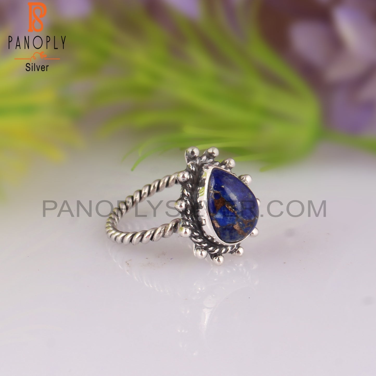 Mojave Copper Lapis Pear Shape Party Wear 925 Silver Ring