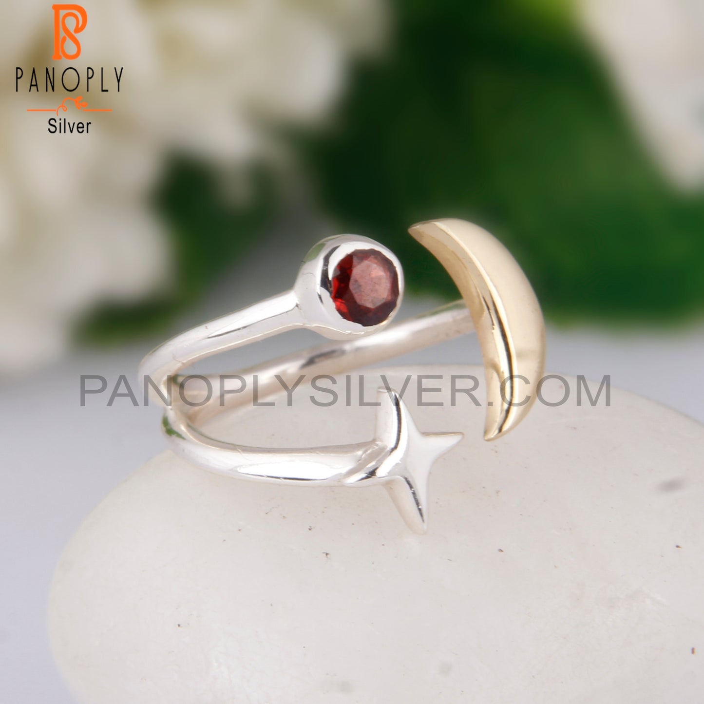 Garnet 925 Sterling Silver Star Moon Charm Ring