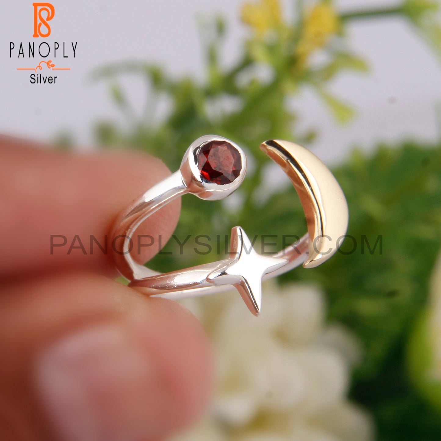 Garnet 925 Sterling Silver Star Moon Charm Ring