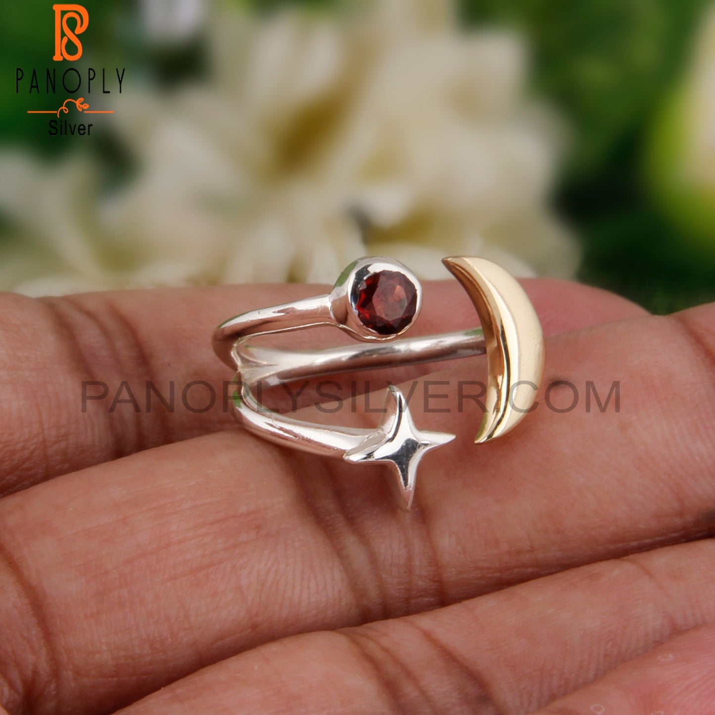 Garnet 925 Sterling Silver Star Moon Charm Ring