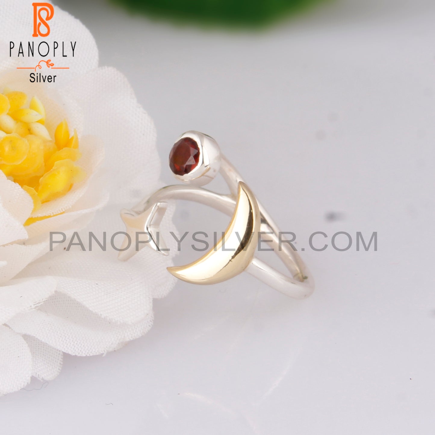 Garnet 925 Sterling Silver Star Moon Charm Ring