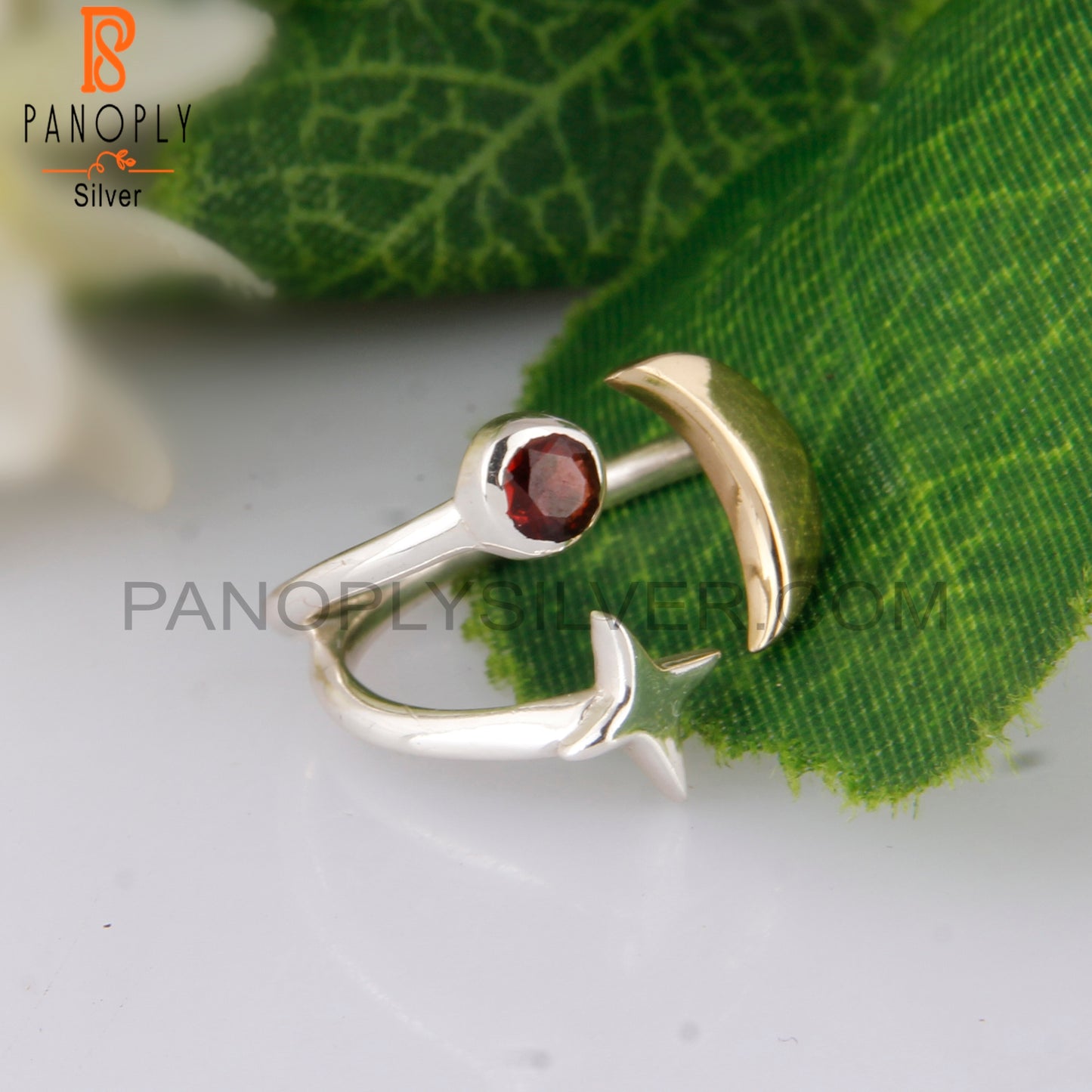 Garnet 925 Sterling Silver Star Moon Charm Ring