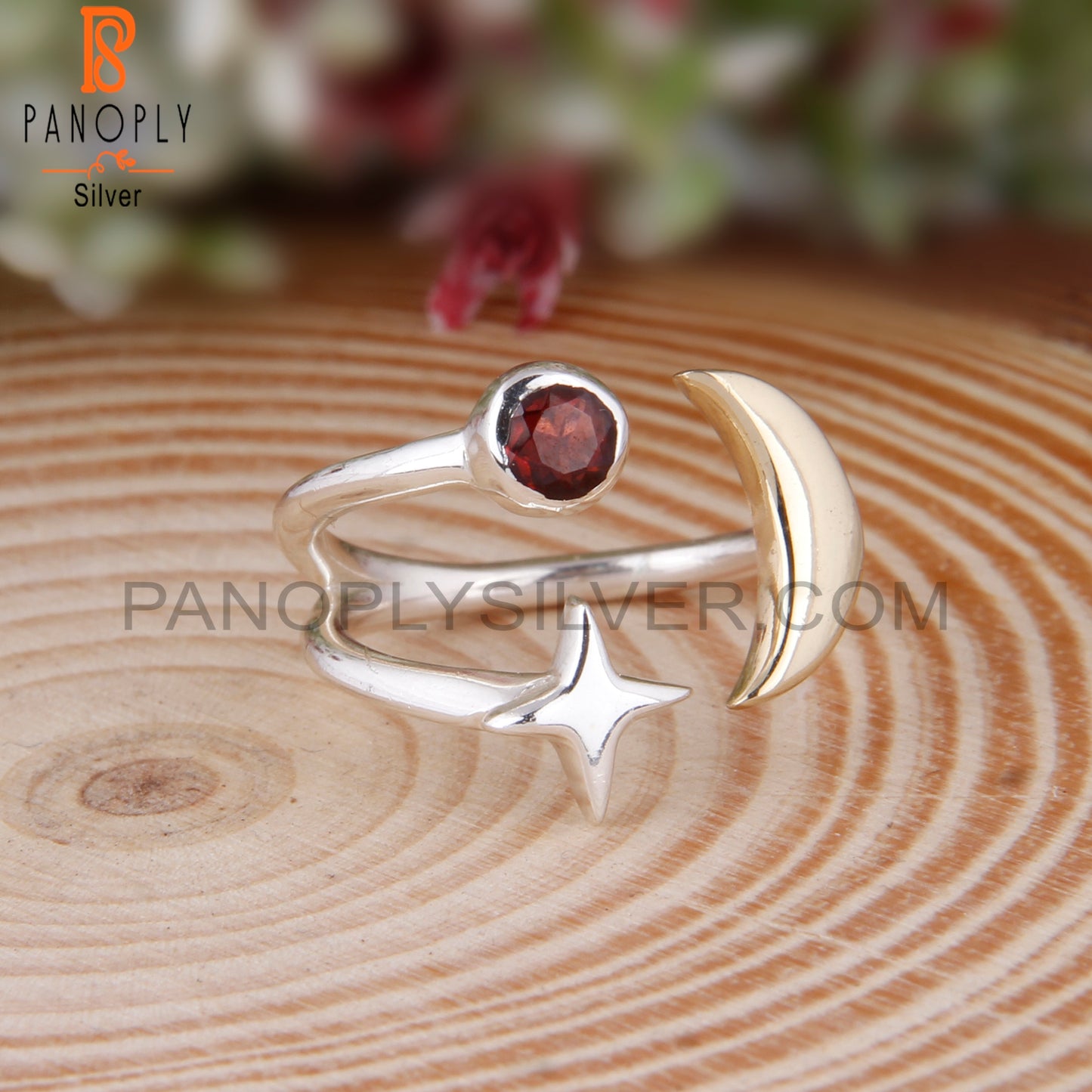 Garnet 925 Sterling Silver Star Moon Charm Ring