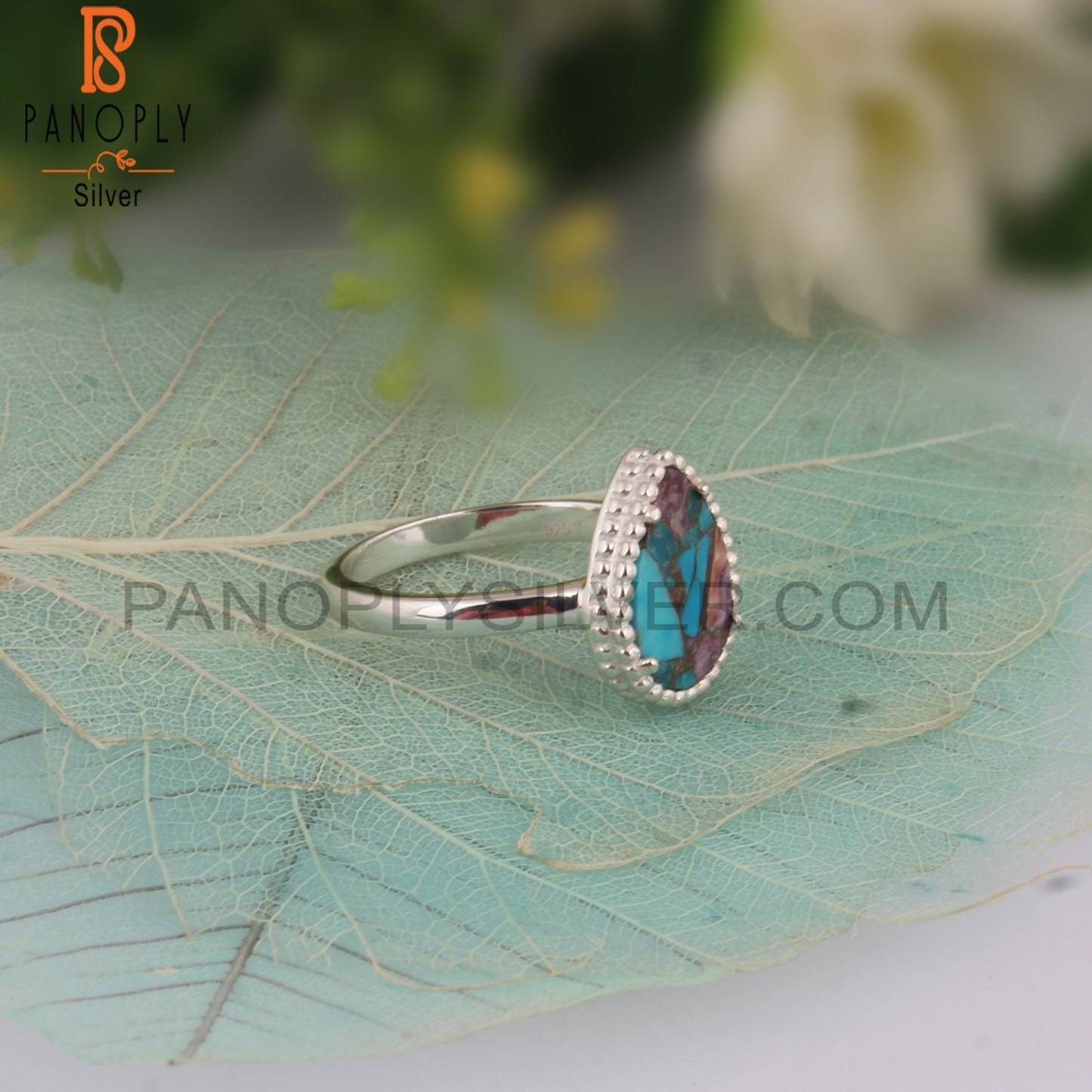Natural Mojave Purple Oyster Turquoise Pear 925 Stylish Ring