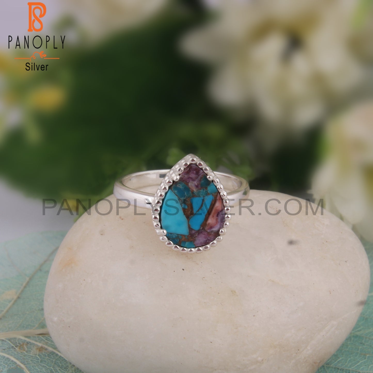 Natural Mojave Purple Oyster Turquoise Pear 925 Stylish Ring