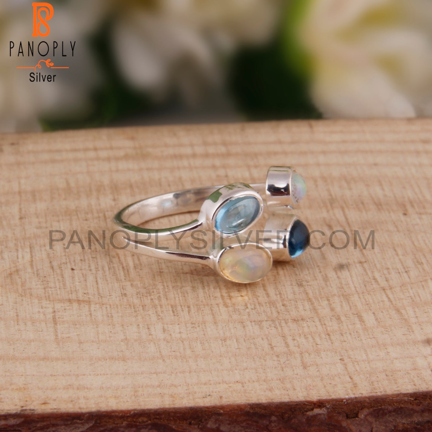 Blue Topaz & Ethiopian Opal Oval 925 Sterling Silver Ring