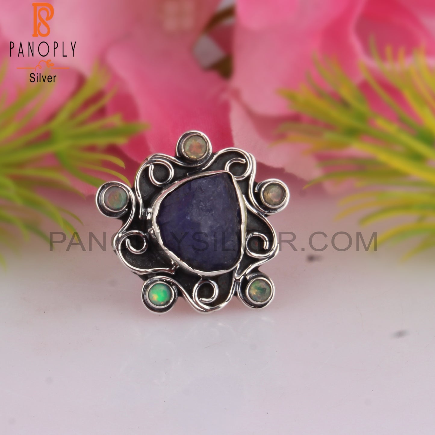 Ethiopian Opal & Tanzanite Stone 925 Sterling Silver Ring
