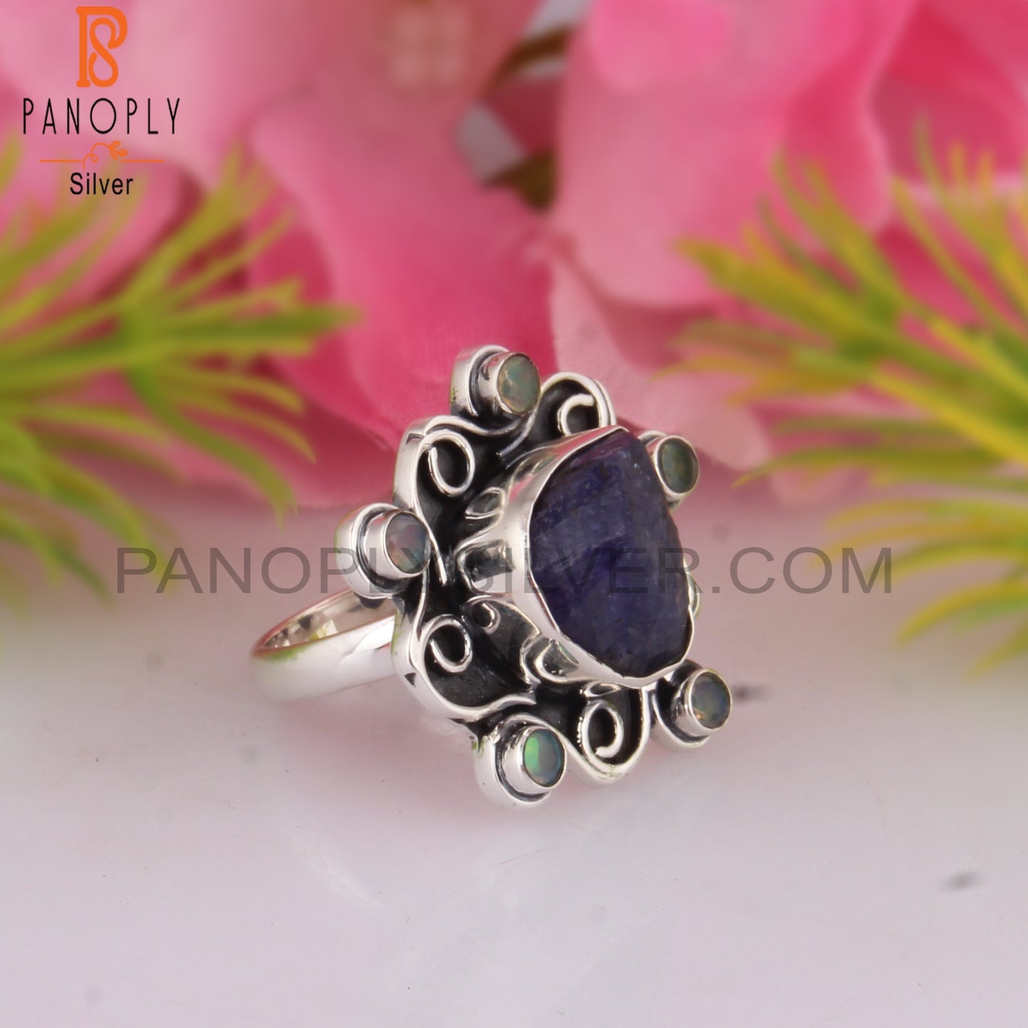 Ethiopian Opal & Tanzanite Stone 925 Sterling Silver Ring