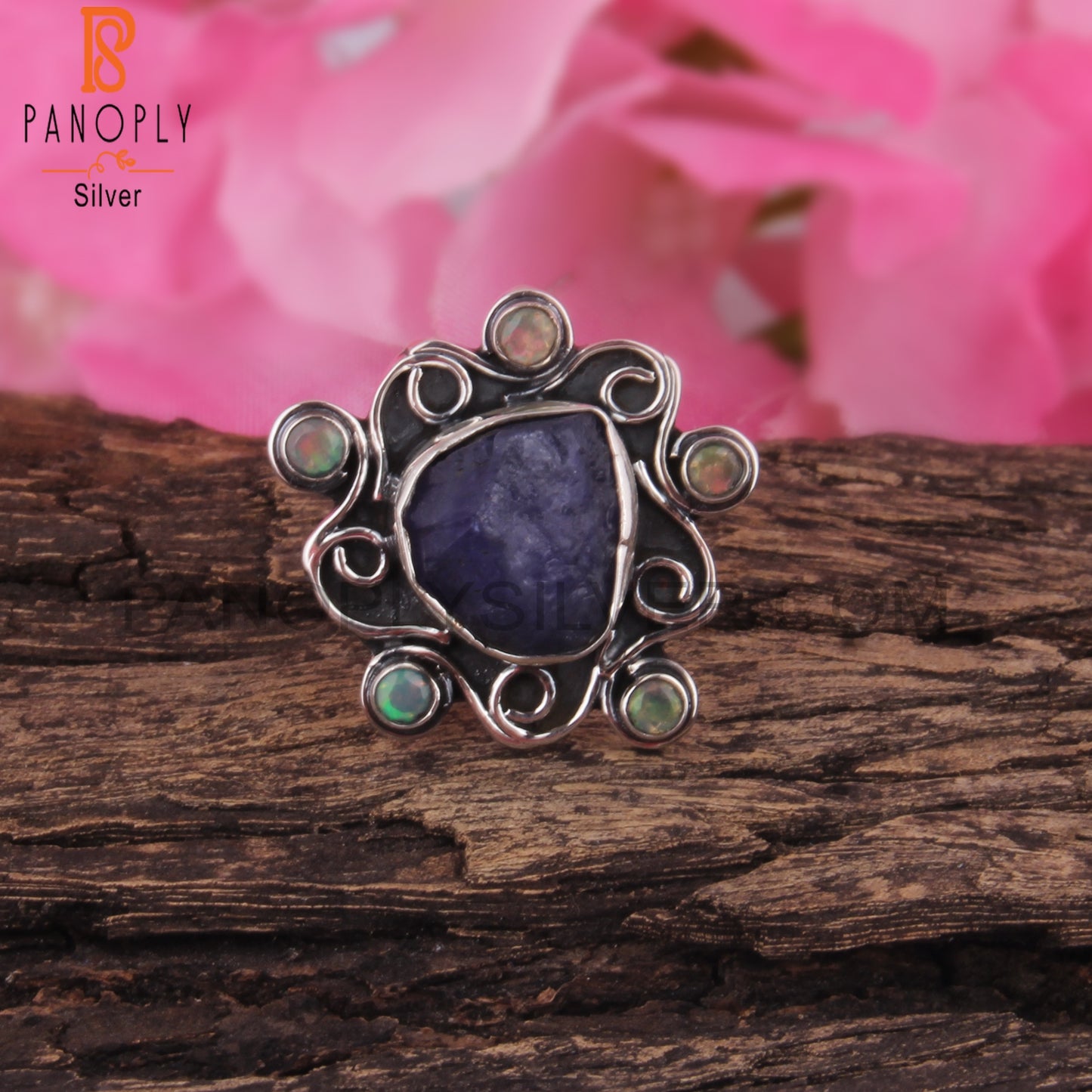 Ethiopian Opal & Tanzanite Stone 925 Sterling Silver Ring