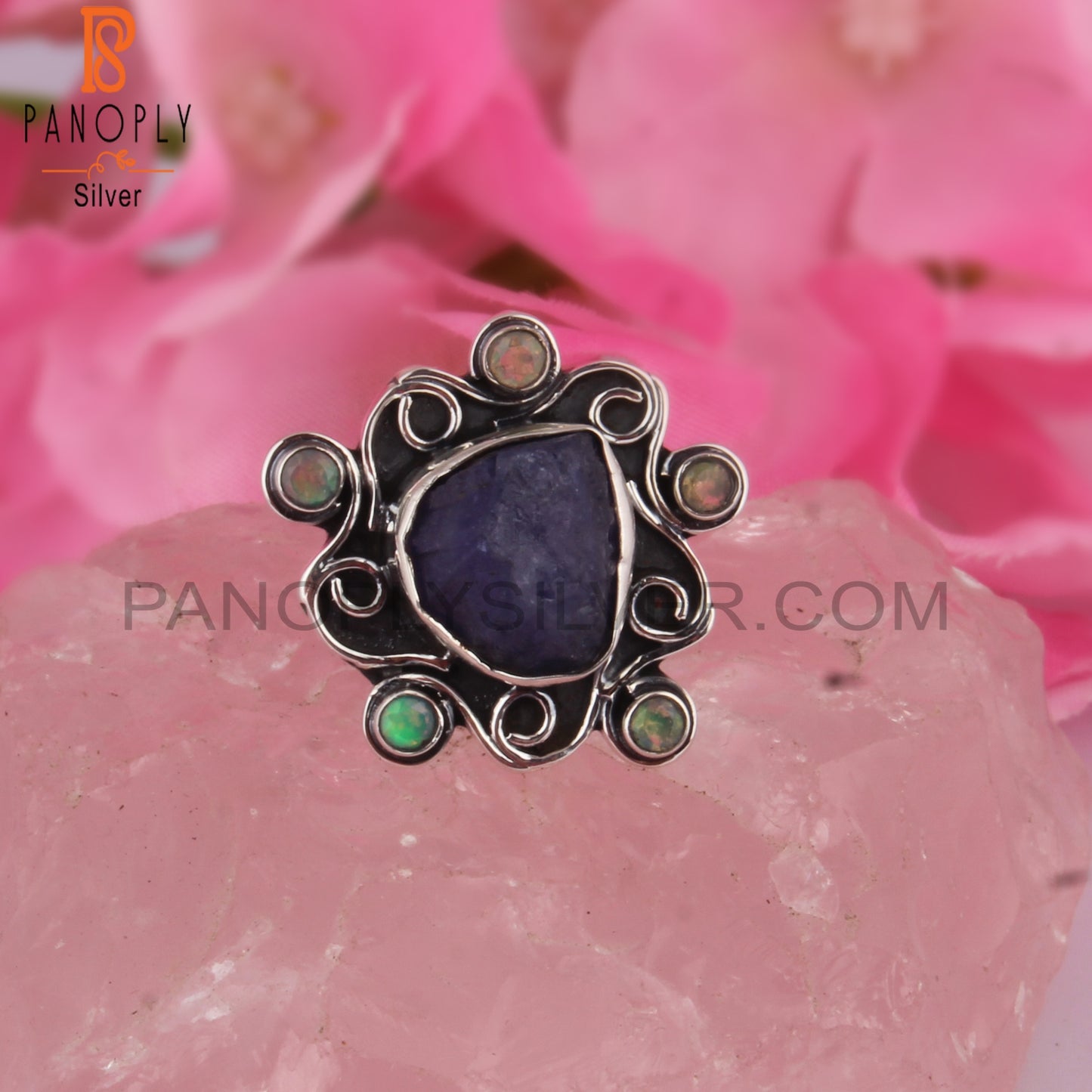 Ethiopian Opal & Tanzanite Stone 925 Sterling Silver Ring