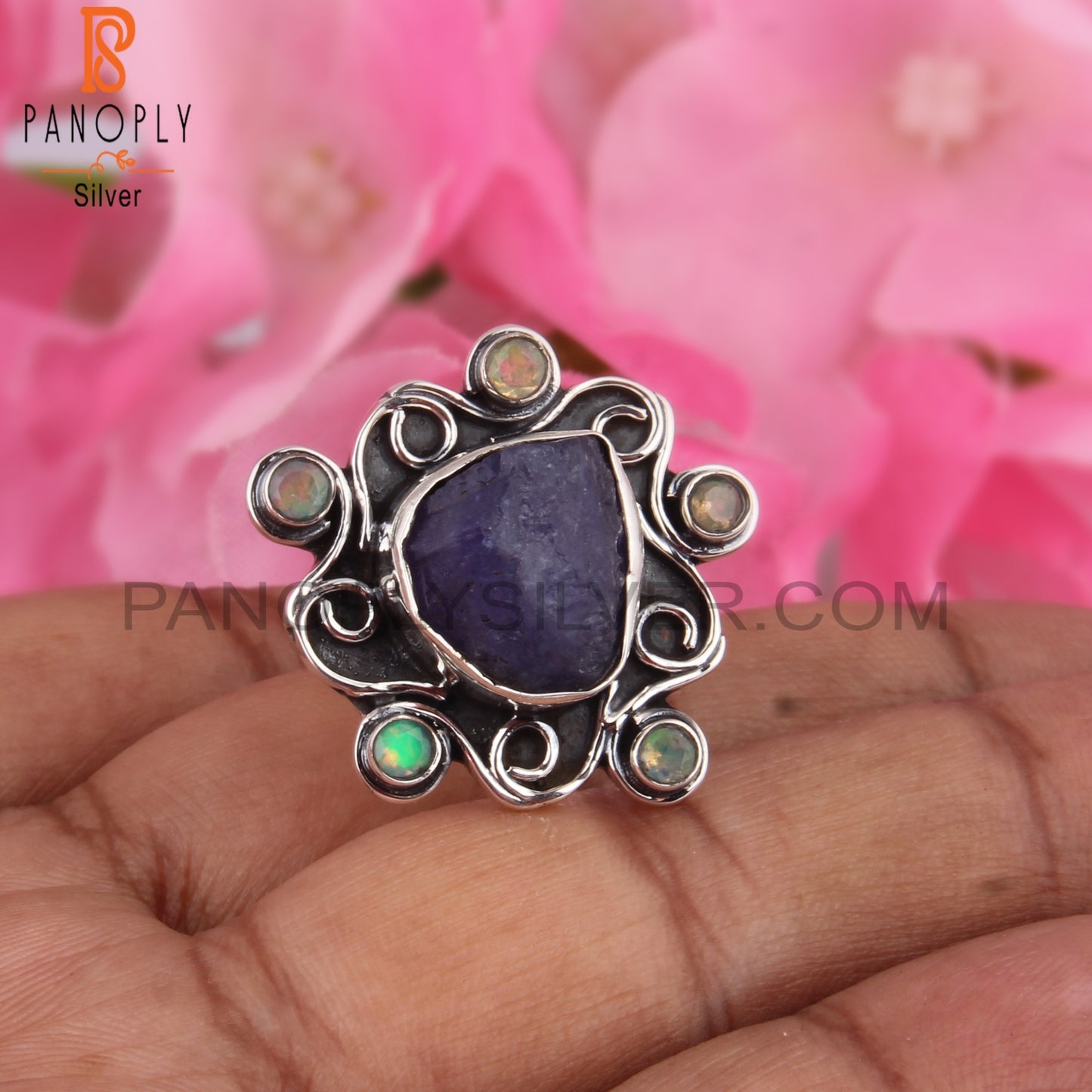 Ethiopian Opal & Tanzanite Stone 925 Sterling Silver Ring