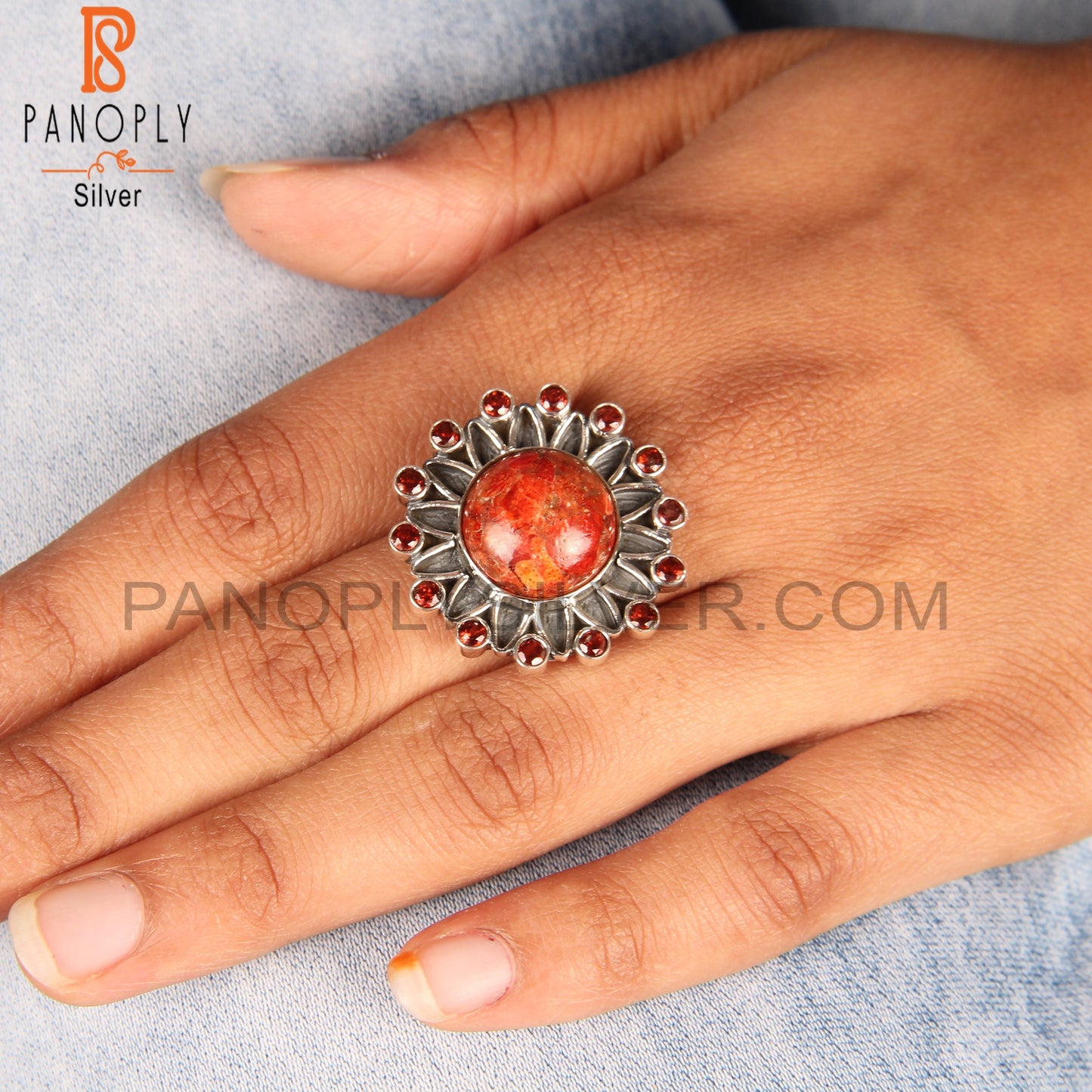 Sponge Coral & Garnet 925 Sterling Silver Boho Ring