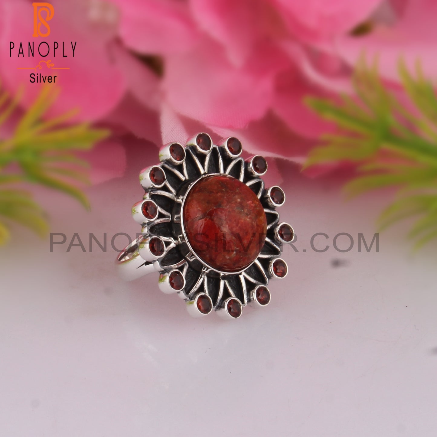 Sponge Coral & Garnet 925 Sterling Silver Boho Ring