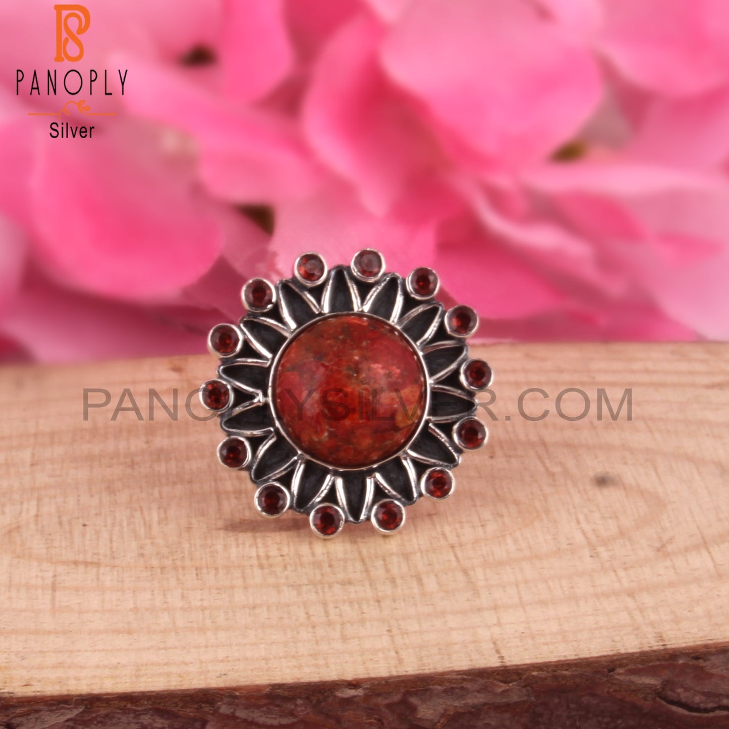 Sponge Coral & Garnet 925 Sterling Silver Boho Ring