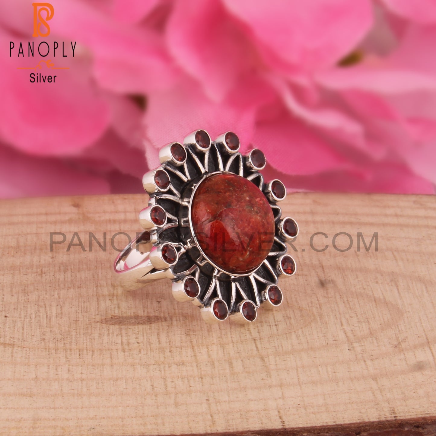 Sponge Coral & Garnet 925 Sterling Silver Boho Ring
