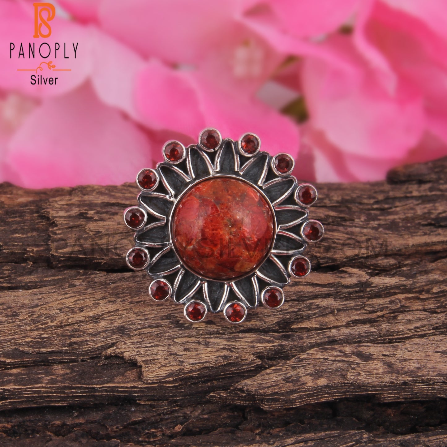 Sponge Coral & Garnet 925 Sterling Silver Boho Ring