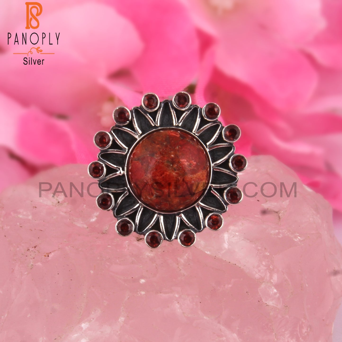 Sponge Coral & Garnet 925 Sterling Silver Boho Ring
