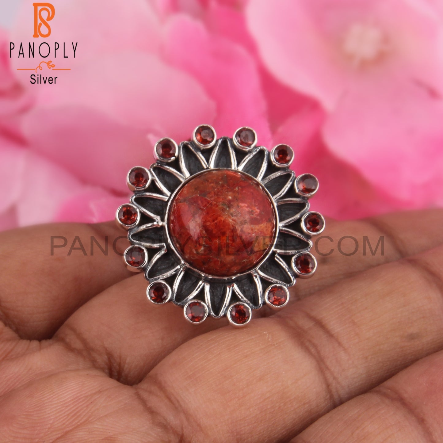 Sponge Coral & Garnet 925 Sterling Silver Boho Ring
