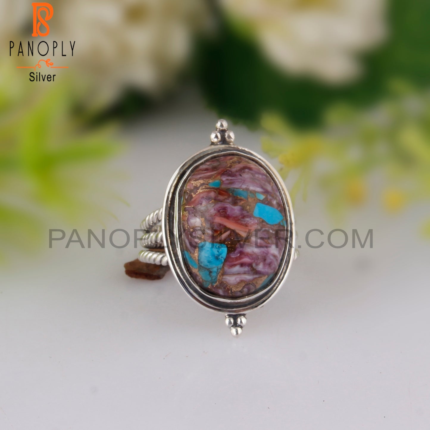 Dainty Mojave Purple Oyster Turquoise Oval 925 Silver Ring