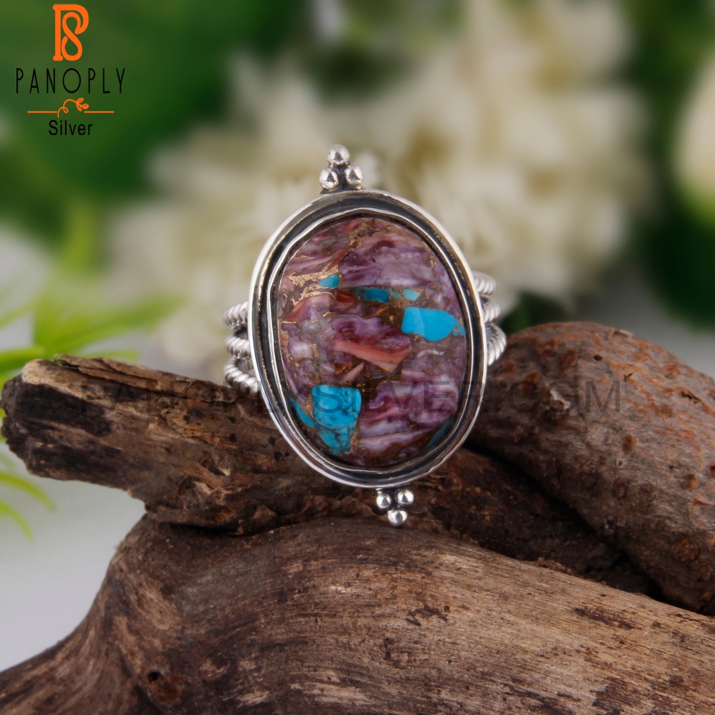 Dainty Mojave Purple Oyster Turquoise Oval 925 Silver Ring