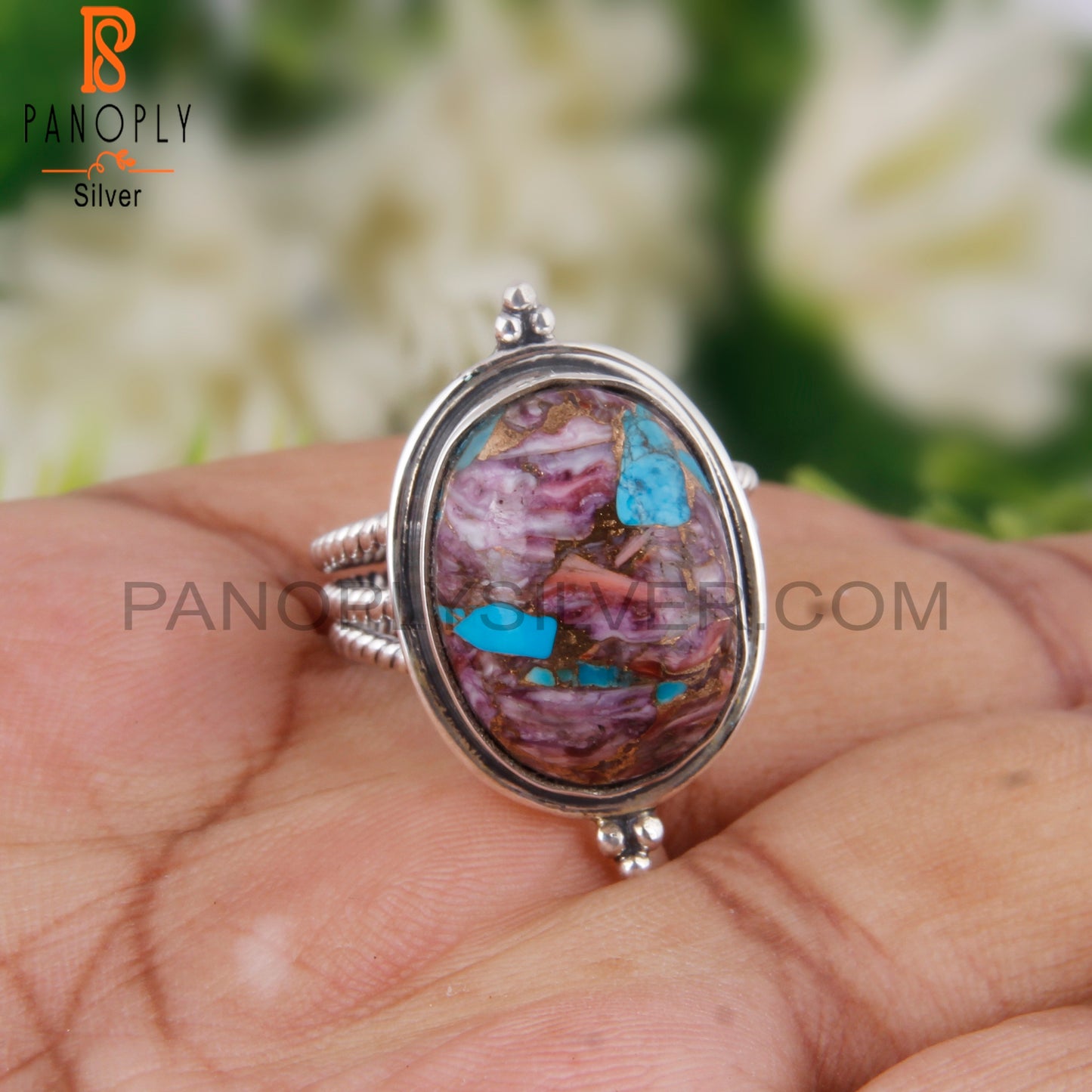 Dainty Mojave Purple Oyster Turquoise Oval 925 Silver Ring