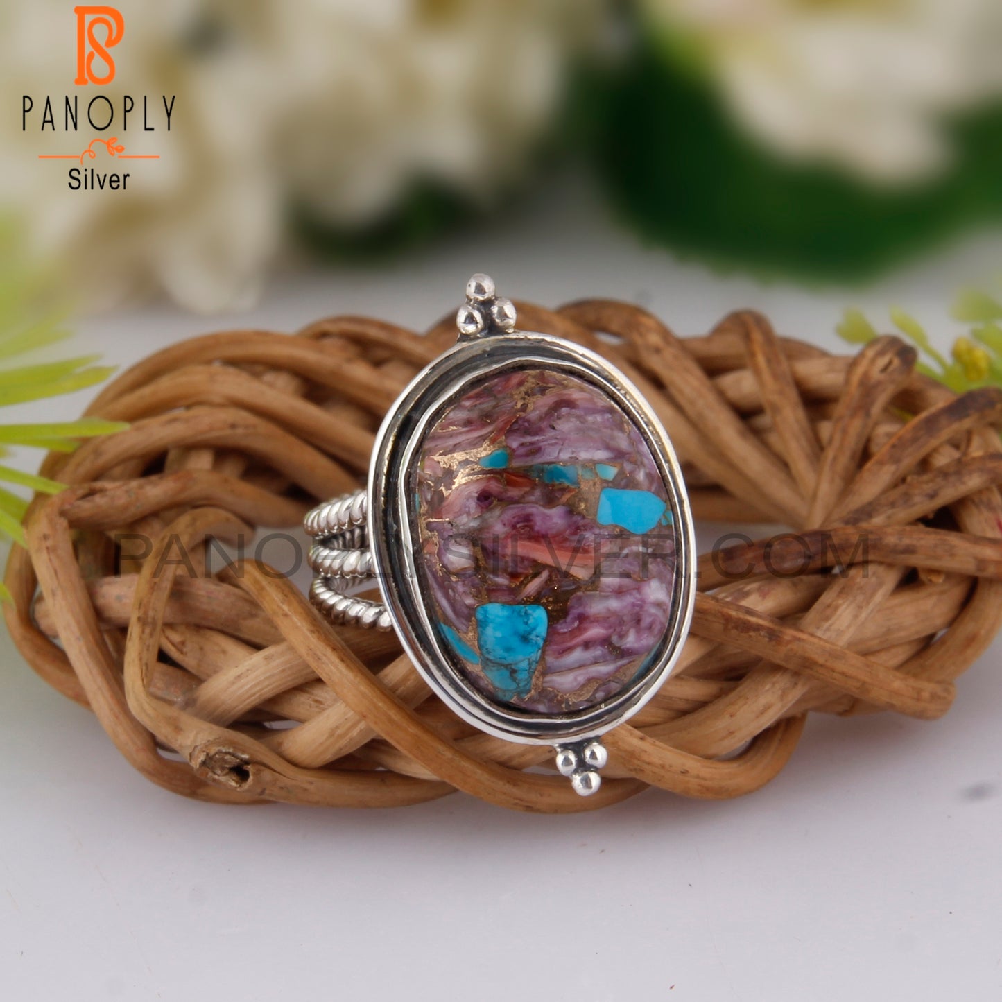 Dainty Mojave Purple Oyster Turquoise Oval 925 Silver Ring