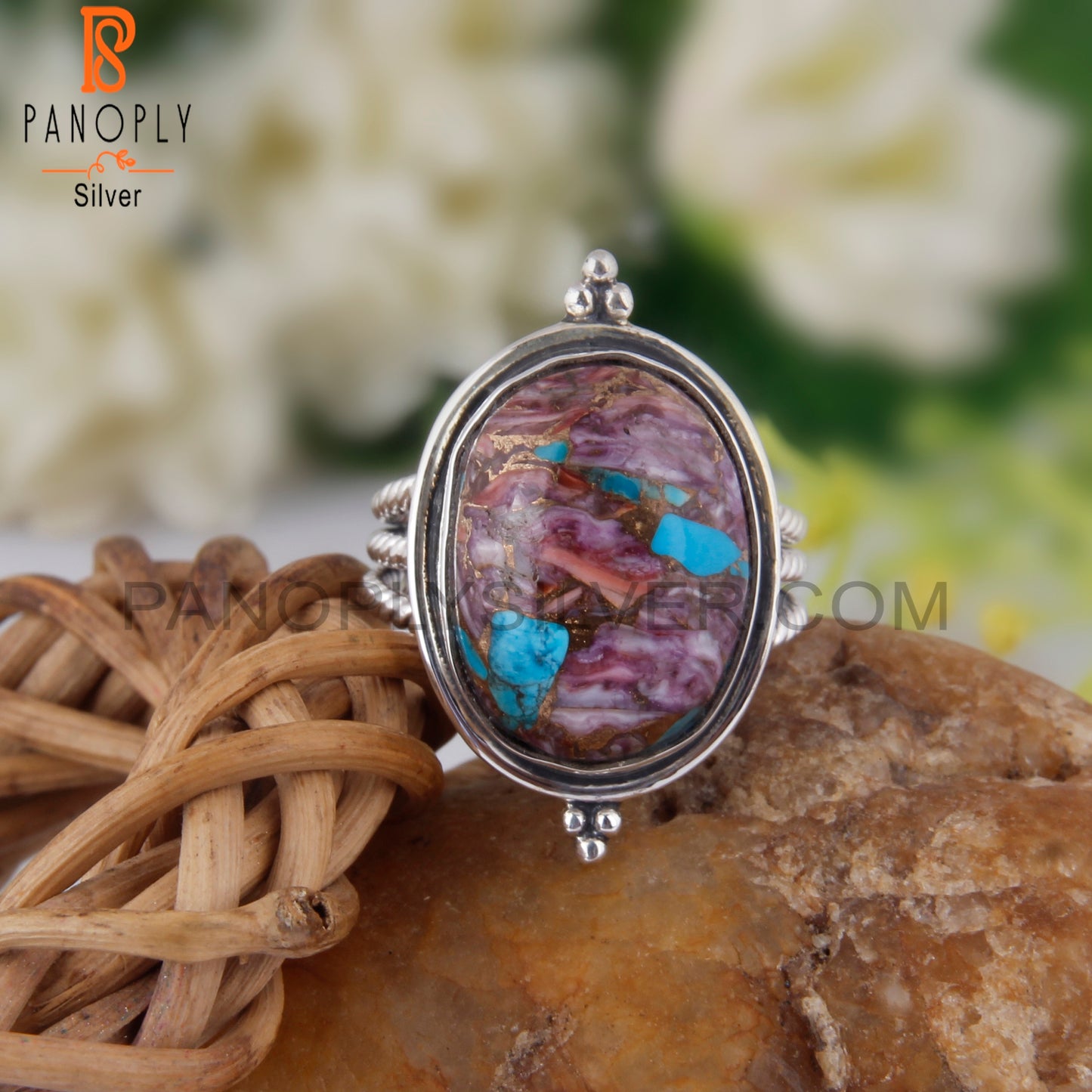 Dainty Mojave Purple Oyster Turquoise Oval 925 Silver Ring