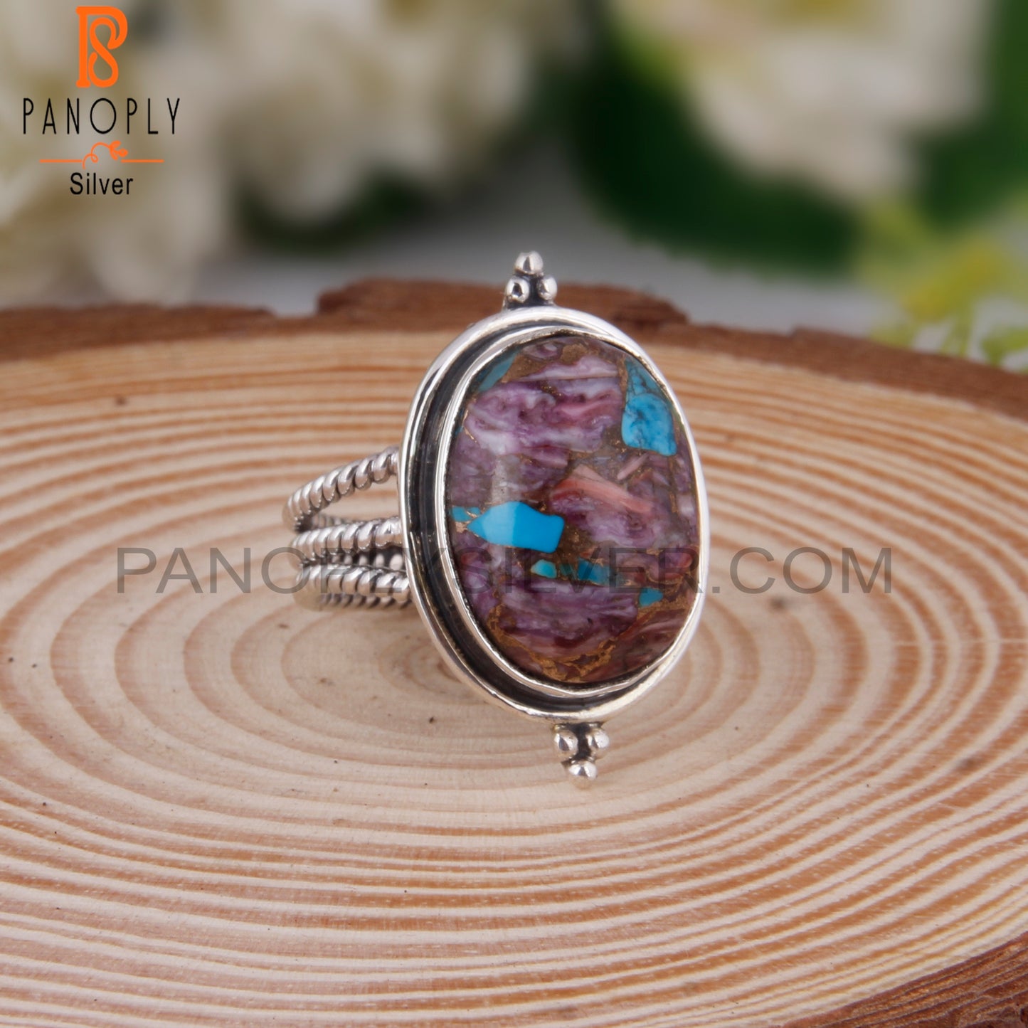 Dainty Mojave Purple Oyster Turquoise Oval 925 Silver Ring